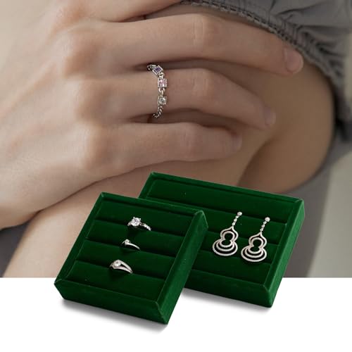Green Velvet 3-Slots Jewelry Ring Display Tray Showcase Small Jewelry Display Organizer Tray for Rings(S) - color: Green, size: S