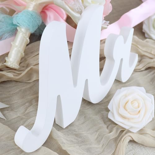 Mr and Mrs Signs Wedding Table Decorations, Wooden Freestanding Letters for Photo Props, Rustic Wedding Decoration, Anniversary Wedding Shower Gift (White + Marry me banner) - color: White with Marry me banner
