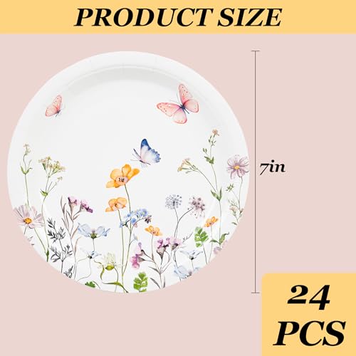 AimFun 24 Pcs Wildflower Paper Plates Watercolor Floral Disposable Party Dessert Plate 7" Rustic Botanical Butterflies Plates for Spring Summer Bridal Baby Shower Tea Party Supplies
