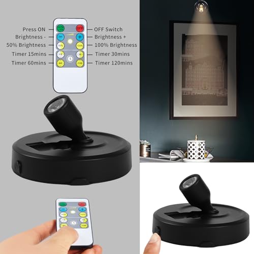 2-Pack Cordless Spotlight Battery Operated Picture Lights, LED Display Puck Lights with 2 Remote, Dimmable Accent Lighting Stick on Uplight for Wall Painting Gallery Art Dartboard Plants - color: Black, size: 2 Pack
