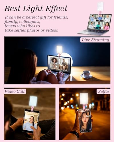 60 LED Portable Selfie Light Video Conference Lighting with Clip & Camera Tripod Adapter Rechargeable 2000mAh CRI 97+, 3 Light Modes for Phone iPhone Webcam Laptop Photo Makeup (Pastel Pink)
