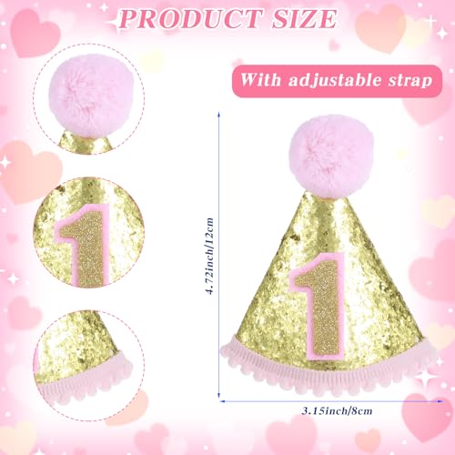 Bremorou Sprinkle 1st Birthday Hat, Pink Birthday Party Hats For Kids, Pink and Golden 1st Birthday Crown, First Birthdays Cake Smash Party Hats Birthdays Glitter Cone Hats for Girl Party Photo Props