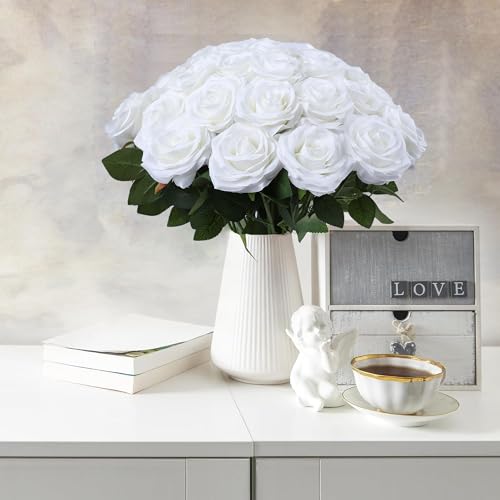 LVEFIT Artificial Rose Flower White Flowers White Roses Silk Flowers 50 pcs with Long Stem Silk Roses Bouquet for Wedding Bridal Shower Party Home Decoration - color: White, size: 50pcs
