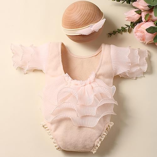 Ylsteed Newborn Photography Outfits Girl Lace Romper with Headband Photo Shoot Outfits Girls Photo Props - Ruffles Beige - color: Beige