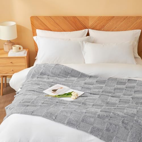 Snuggle Sac Faux Fur Checkered Blanket Twin Size with Soft Knitted Microfiber Fabric,Cozy Soft Warm Blanket for Sofa Bedroom Living Room,Solid Light Grey,60x80 inches - color: Solid Light Grey, size: Twin(60"x80")