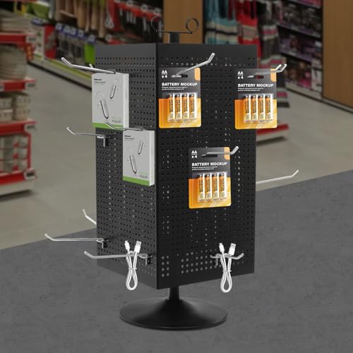 Rotating Pegboard Display Stand with 20 Hooks, 4-Sided Metal Spinner Peg Board Organizer, Countertop Display Rack for Jewelry, Keychains, Craft Supplies, Retail and Trade Shows (Black, 25.6in,4-Sided) - color: Black, size: 25.6in,4-Sided