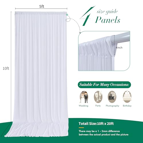 20 ft x 10 ft Wrinkle Free White Backdrop Curtain for Wedding Parties, Polyester Photo Backdrop Drapes for Baby Shower Birthday Party Backdrop Stand, Bulk Thick Background Curtains 5x10FT 4 Panels - color: White, size: 5'(W) x 10'(H), 4 panels