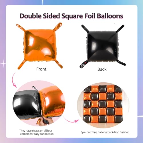 25pcs Black and Orange Foil Square Balloon Backdrop Wall &149pcs Black Orange White Balloons Arch, Double Sided Balloon Tunnel for Graduation, Birthday, Halloween Party Decor - color: Black & Orange