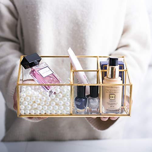 Golden Vintage Glass Box Clear Glass & Brass Metal Storage Jewelry and Cosmetic Makeup Brush Lipstick Holder Organizer Beauty Display with 5 Compartment