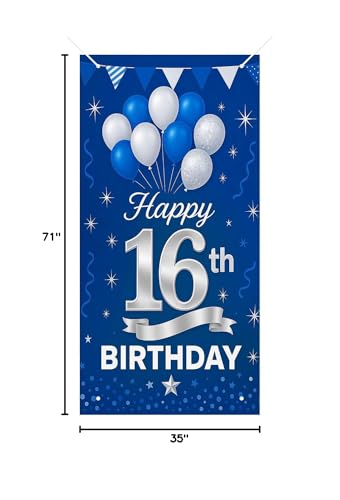 HOMETITUTE 16th Birthday Door Cover 71x35 Inch Blue and Silver Birthday Banner for Party Decorations Balloon Ribbon Backdrop Sign for Boys Girls Teens Photo Booth Prop Wall Decor - color: Blue and White Balloons 16