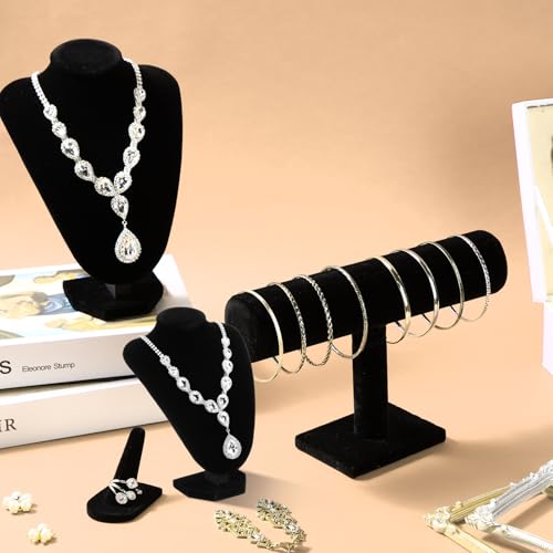 Wenqik 5 Pcs Velvet Jewelry Display Set Necklace Bust Holder T Bar Bracelet Holder Ring Display Stand Jewelry Organizer for Vendors Selling Trade Show Retail Home Decor (Black) - color: Black