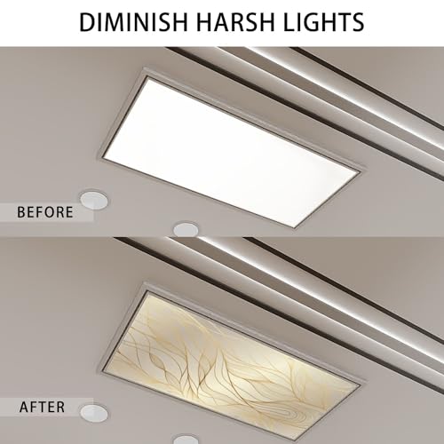4 Pack Fluorescent Light Covers Gold wavy pattern Luxurious golden linear ornament Decorative Magnetic Ceiling Light Covers Fluorescent Light Shade Panel for Classroom Office Home 4 x 2 ft
