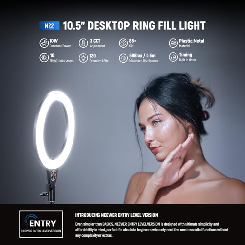 NEEWER Entry Level Version 10.5" Desk Ring Light with Stand/Phone Holder Compatible with iPhone/Remote, 10W CRI85+ LED Lighting for Streaming Recording Makeup Selfie Laptop Video Conference, N22 - color: Black, size: 10.5"w/Round Base