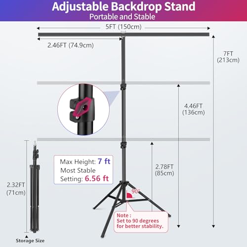 Black White Backdrop Screen with Stand Kit 5x6.5ft for Photo Video Studio, 2-in-1 Revisible Black Backdrop White Screen with T-Shaped Photography Background Support Stand and 5 Clamps - color: Black White, size: 5x6.5ft