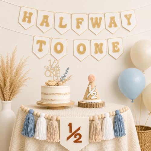 1/2 Birthday Boy Half Birthday Decorations - Half Way to One Banner Cake Topper Tassel Wood Bead High Chair Banner Hat for Boys and Girls 6 Months Birthday Decorations Party Supplies - color: Baby Blue