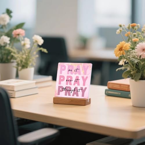Pink Office Desk Decor for Women - Inspirational Gifts with "Pray On It Pray Over It Pray Through It" Bible Verse Sign, Dorm Room & Bedroom Decorative Accessories - color: Pink