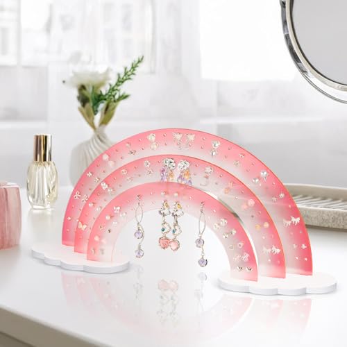 NiHome 3-Tier Gradient Color Acrylic Rainbow Earring Organizer, 14" W x 6.3" H Lightweight and Durable Design 140 Holes for 70 Pairs, Unique Front Row for Special Earrings (Pink Gradient) - color: Pink Gradient