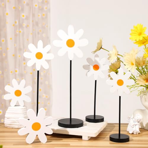 Geetery 6 Pack Spring Floral Centerpieces Wooden Daisy Table Decor Boho Daisy Flower Tabletop Decor Spring Table Decorations for Home Farmhouse Kitchen Dining Living Room Office Desk(White) - color: White