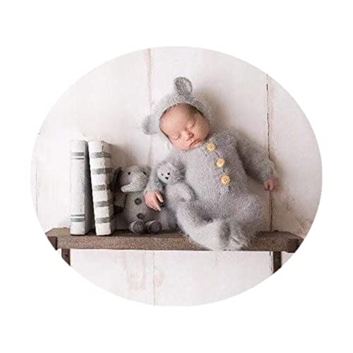 Newborn Photography Props Boys Girls Outfits Mohair Bear Hat Bonnet & Footed Romper Bodysuit Photoshoot Costume Set - color: Gray