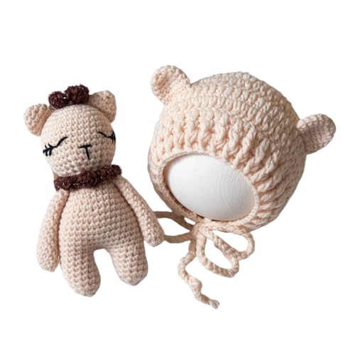 Zeroest Newborn Photography Outfits Boy Girl Bear Props Baby Photoshoot Crochet Bonnet Stuffed Animals for Newborn Photo - color: Beige