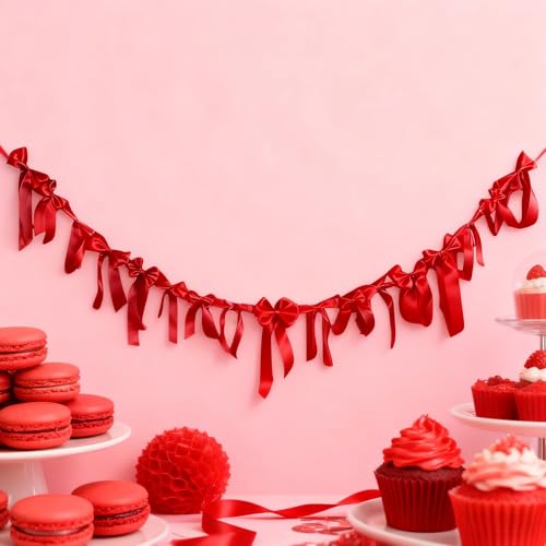 Meseey Red Satin Bow Garland Banner Coquette Bachelorette Party Decor,Bridal Shower Backdrop,Wedding & Engagement Party Supplies,Birthday Decoration,Photo Booth Props(Red) - color: Red
