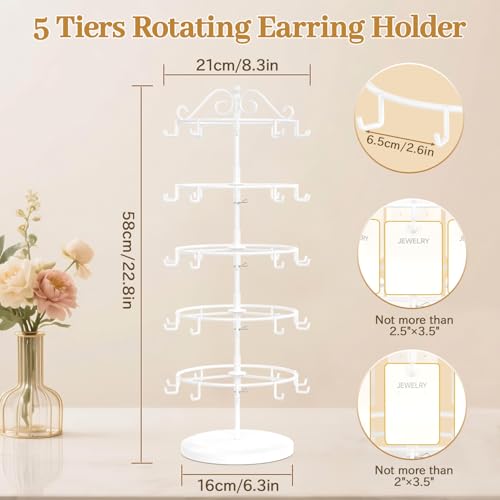 MODOWEY Earring Card Display Stand for Vendors, 50 Hooks Metal Rotating Organizer Rack Holder, 5 Tier Adjustable Jewelry Tree for Stud Pierced Dangle Selling, Boost Sales Compact Earing Hanger, White - color: Glossy White