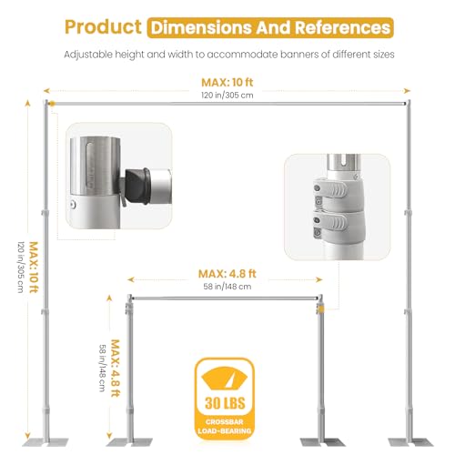 Jiang&Rong 10ft x 10ft Adjustable Backdrop Stand Kit - Heavy Duty Pipe and Drape Stand for Wedding, Birthday Party, Banquet Decorations (Silver) - color: Silver