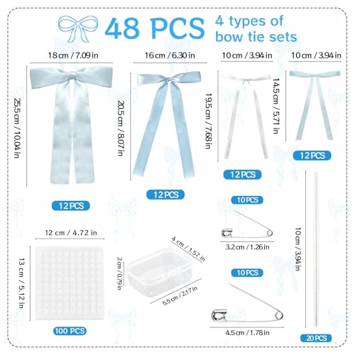 48Pcs Blue Bow Wall Decor, Satin Ribbon Bow Birthday Decorations Photo Backdrop Party Decor for Birthday Baby Shower Bachelorette Wedding Party Room Bedroom - color: Blue