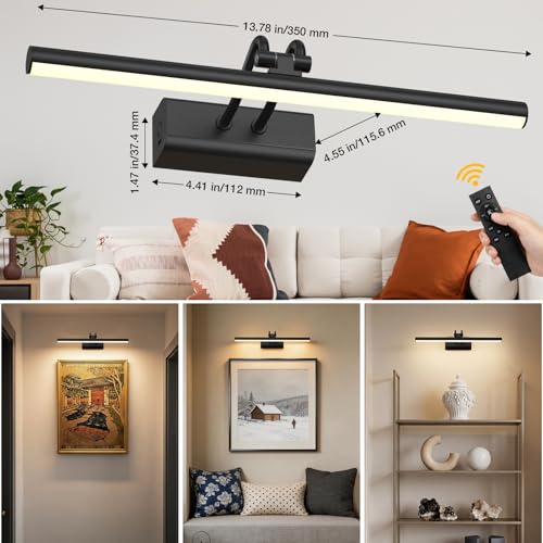 Battery Operated Wall Light for Living Room Picture Light for Wall Set of 2, 4000 mAh, 14'' Dimmable Art Painting Light, Remote Control, Display for Gallery, Living Room, Bedroom (Black) - color: Black, size: 2Pack-13.8Inch
