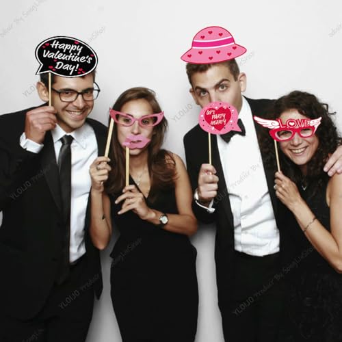 Valentine's Day Photo Booth Props, 25 Pcs Happy Lovers Selfie Photobooth Props, Masks, Love, Glasses, Mustache, Snowman for Wedding Party Decoration Supplies Selfie Dress-Up Props