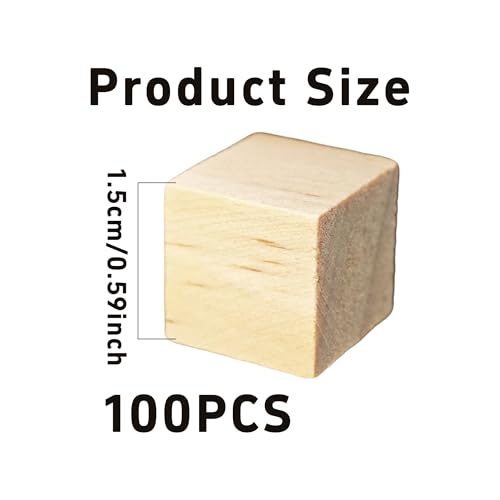100Pcs 0.59” inch Unfinished Natural Wooden Cubes, Square Craft Wood Blocks for DIY Projects, Blank Wood Squares for Art, Building, Personalized Crafts, Wedding Decor, and Creative Displays - size: 1.5cm