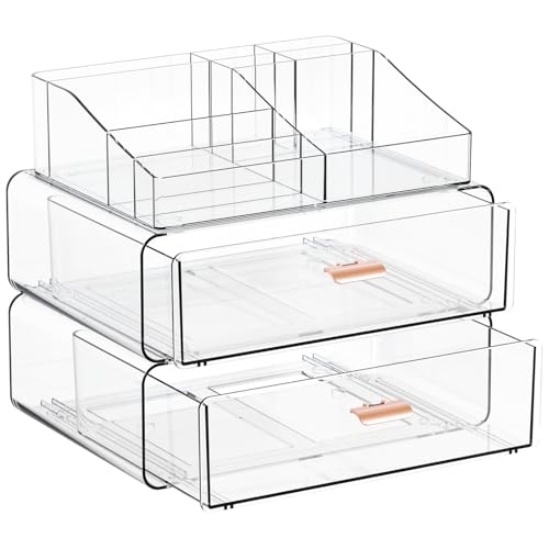 Yieach Clear Acrylic Makeup Organizers Countertop for Dresser,Desk,Bathroom Vanity,3 Tier Stackable Make up Holders and Makeup Cabinet,Tiered Cosmetic Storage and Make up Containers for Palette,Brush - size: 2 Drawers