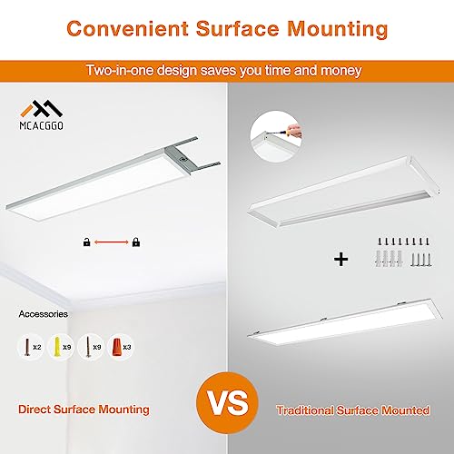 2-Pack 1x4 FT Surface Mount LED Panel Light, 0-10V Dimmable, 40W-30W-20W & 3000K-4000K-5000K Selectable, Bright 4400LM, for Kitchen, Shop, 100-277V, ETL Listed, White - size: 1x4-2P
