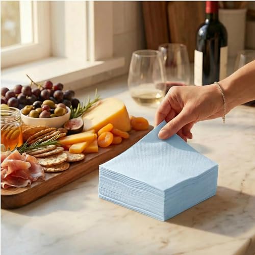 AH AMERICAN HOMESTEAD Paper Cocktail Napkins - Linen-Like Disposable Beverage Bar Napkins 4.75" x 4.75" - Bulk Square Napkins - Ideal for Party or Wedding (Baby Blue -100 Count) - color: Baby Blue, size: 4.75 x 4.75