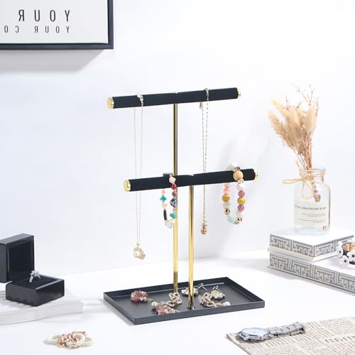 2 Tier Necklace Bracelet Holder Stand, Multi-Use Jewelry Display Organizer with Metal Tray, Velvet T-Bar Metal Necklace Organizer Stand, Jewelry Hanger Tower Rack for Men Women (Black 12" Tall) - color: Black