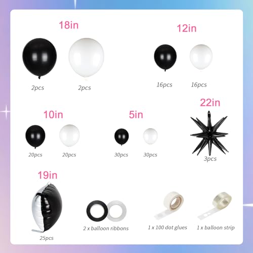 25pcs Black and White Double sided Foil Square Balloon Backdrop Wall with 139pcs White Black Star Balloons Arch Balloon Tunnel for Checkered Racing Car Birthday New Year Party Decoration - color: Black White