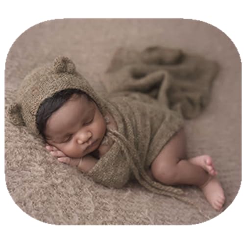Newborn Photography Props Handmade Bear Hat Wrap Set for Baby Boys Girls Photoshoot Knitted Bonnet Blanket Photo - color: Brown