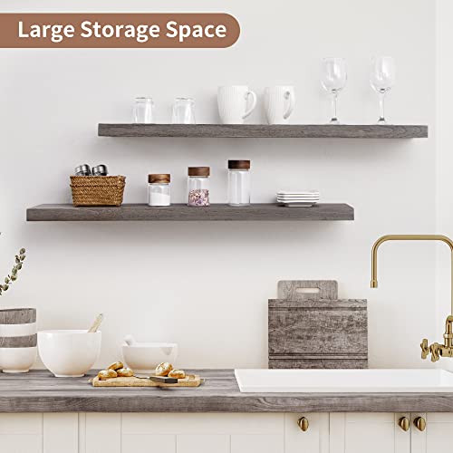 Axeman Floating Shelves for Wall, 8 Inch Deep Rustic Solid Elm Wood Wall Shelves for Storage, Wall Mounted Display Shelving with Invisible Heavy-Duty Metal Bracket, 36'' Width Set of 2, Grey - color: Grey With Flat Edge, size: 36 inches - 2P