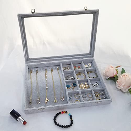 Ice Velvet Jewelry Box Display Case with a Clear Glass Window,10 Hooks Necklace Organizer Box and 12 Grids for Earrings Rings Storage Grey - color: 12 Grids & 10 Necklace Hooks
