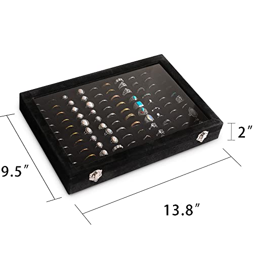 Frebeauty Ring Organizer Tray 100 Slots Ring Holder with Clear Lid Velvet Storage Box Jewelry Tray for Jewelry Store Earring Display Case for Jewelry Show Studs Box for Women(Black) - color: Black