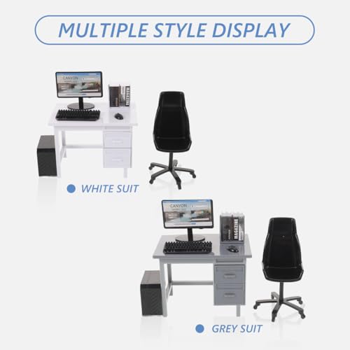 Garneck 2 Sets Miniature Dollhouse Office Desk Set: 1:12 Scale Computer Table Chair Keyboard Mouse Monitor Books CPU Accessories for Mini Furniture Display Pretend School Project