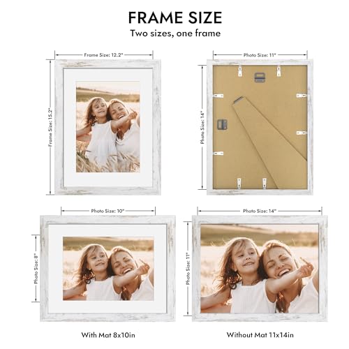 Hongkee 11x14 Picture Frame with Real Glass - 8x10 Wooden Frame with Mat, Horizontal and Vertical Display for Wall or Tabletop (Distressed White, 1 Pack) - color: Distressed White, size: 11X14 in