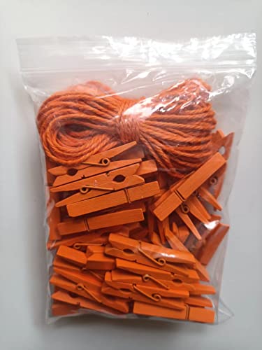 1.9 In Orange Wood Clothespins Hang Kids Artwork Craft Project Clothes Clips for Drying Bag Pegs with String Pack 50 - color: 50pcs (2 Inch) Orange + Jute Twine