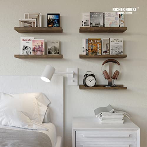 RICHER HOUSE 5 Set Floating Shelves for Wall Decor, Wall Mounted Book Shelf, Nursery Shelves Picture Ledge Shelf with Lip for Storage, Bedroom, Living Room, Bathroom - Brown - color: Brown, size: 5pcs*15.75in
