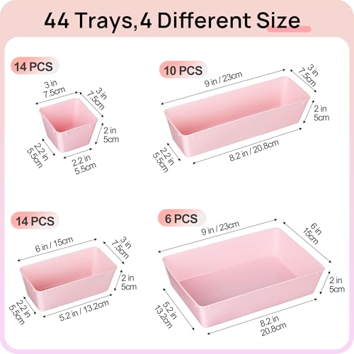 Vtopmart 44 PCS Plastic Drawer Organizers Set, 4-Size Versatile Bathroom and Vanity Organizer Trays, Non-Slip Storage Containers for Makeup, Jewelries, Bedroom,Kitchen Utensils and Office, Pink - color: Pink