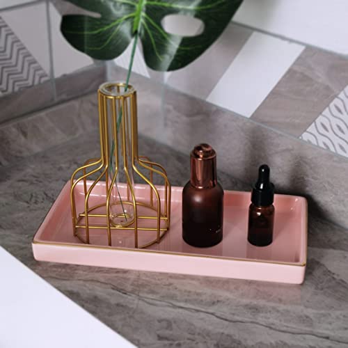 10 x 5 Ceramic Bathroom Tray for Countertop, Decorative Vanity Tray for Dresser Tops, Small Rectangular Trays for Perfume, Candle, Jewelry, Cosmetics (Pink) - color: Pink