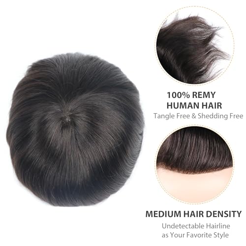 Toupee for Men Hair Piece Male Hair Unit Balding Man Replacement 100% Human Hair Mono Lace With NPU Around Lace Systems 6x8 Inch Color 1B Off Black Natural Hairline Protesis Capilar Hombre - color: 1B# Off black - Mono NPU, size: 6x8 Inch