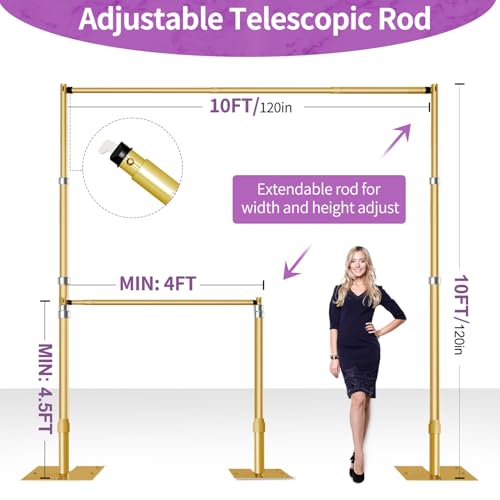 10x10 Pipe and Drape Stand Kit, Heavy Duty Backdrop Stand Adjustable, Sturdy Metal Back Drop Decoration Frame with Flat Base for Parties, Flower Wall, Wedding, Event,Trade Shows, Photo Shoot- Gold - color: Gold, size: 10ftx10ft