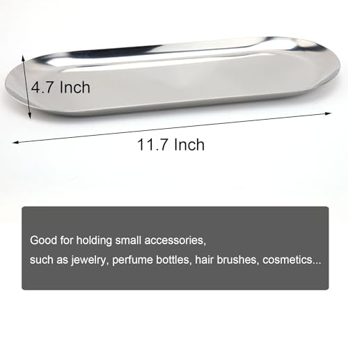 Fermus Stainless Steel Decorative Tray, Set of 2, 12 Inch Long, Jewelry Dish Cosmetics Organizer Bathroom Clutter Serving Platter Small Storage Tray, Oval, Silver - color: Silver