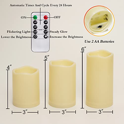 Homemory 3 Pack Flameless Candles, Outdoor Waterproof, Battery Operated LED Pillar Candles with Remote Control and Timer, Plastic, Long Lasting,4”5”6” - size: Set of 3